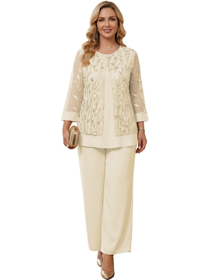 Embroidered Mesh Chiffon Wide-Leg Two-Piece Pantsuit Moms Sets