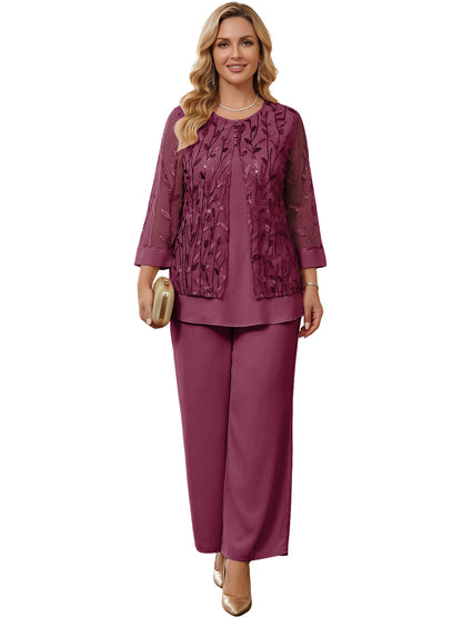 Embroidered Mesh Chiffon Wide-Leg Two-Piece Pantsuit Moms Sets