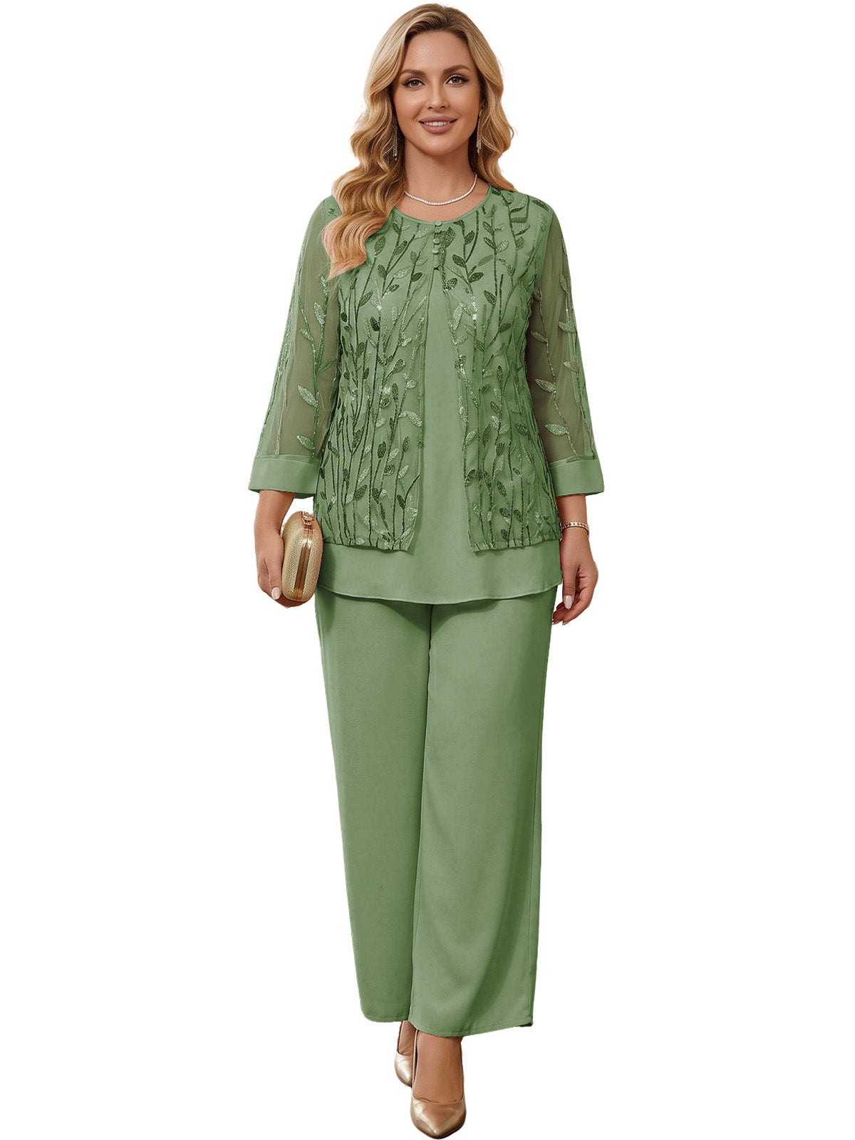 Embroidered Mesh Chiffon Wide-Leg Two-Piece Pantsuit Moms Sets