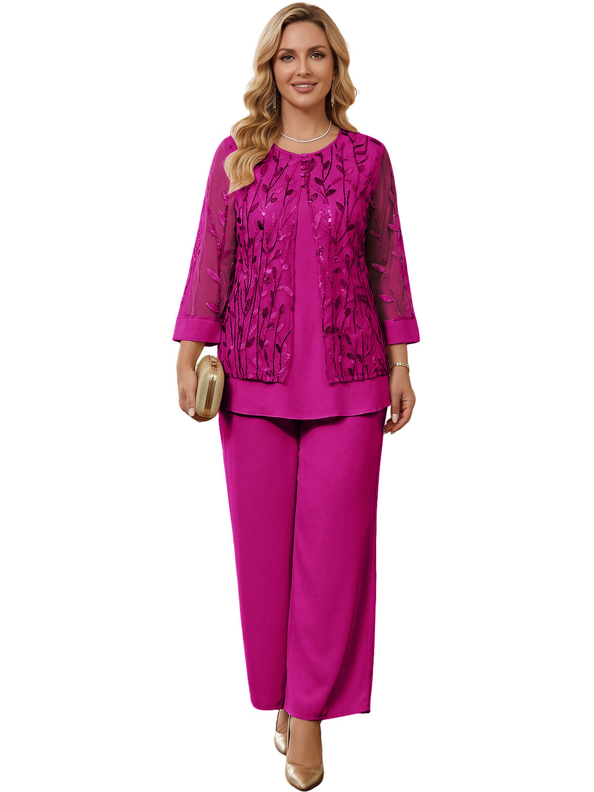 Embroidered Mesh Chiffon Wide-Leg Two-Piece Pantsuit Moms Sets