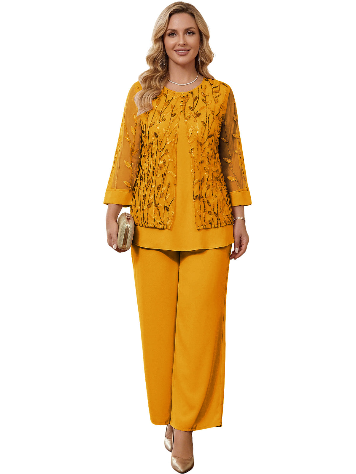 Embroidered Mesh Chiffon Wide-Leg Two-Piece Pantsuit Moms Sets