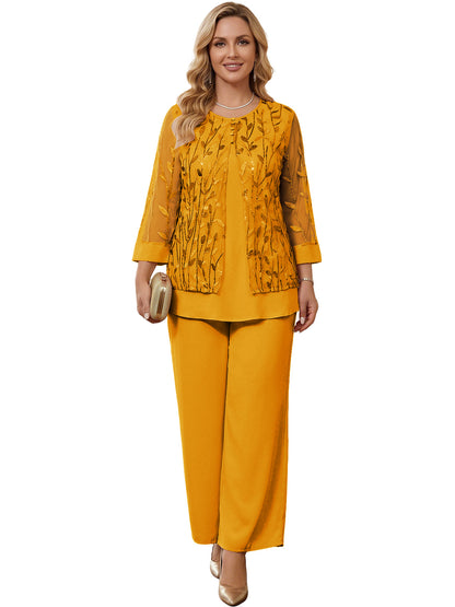 Embroidered Mesh Chiffon Wide-Leg Two-Piece Pantsuit Moms Sets