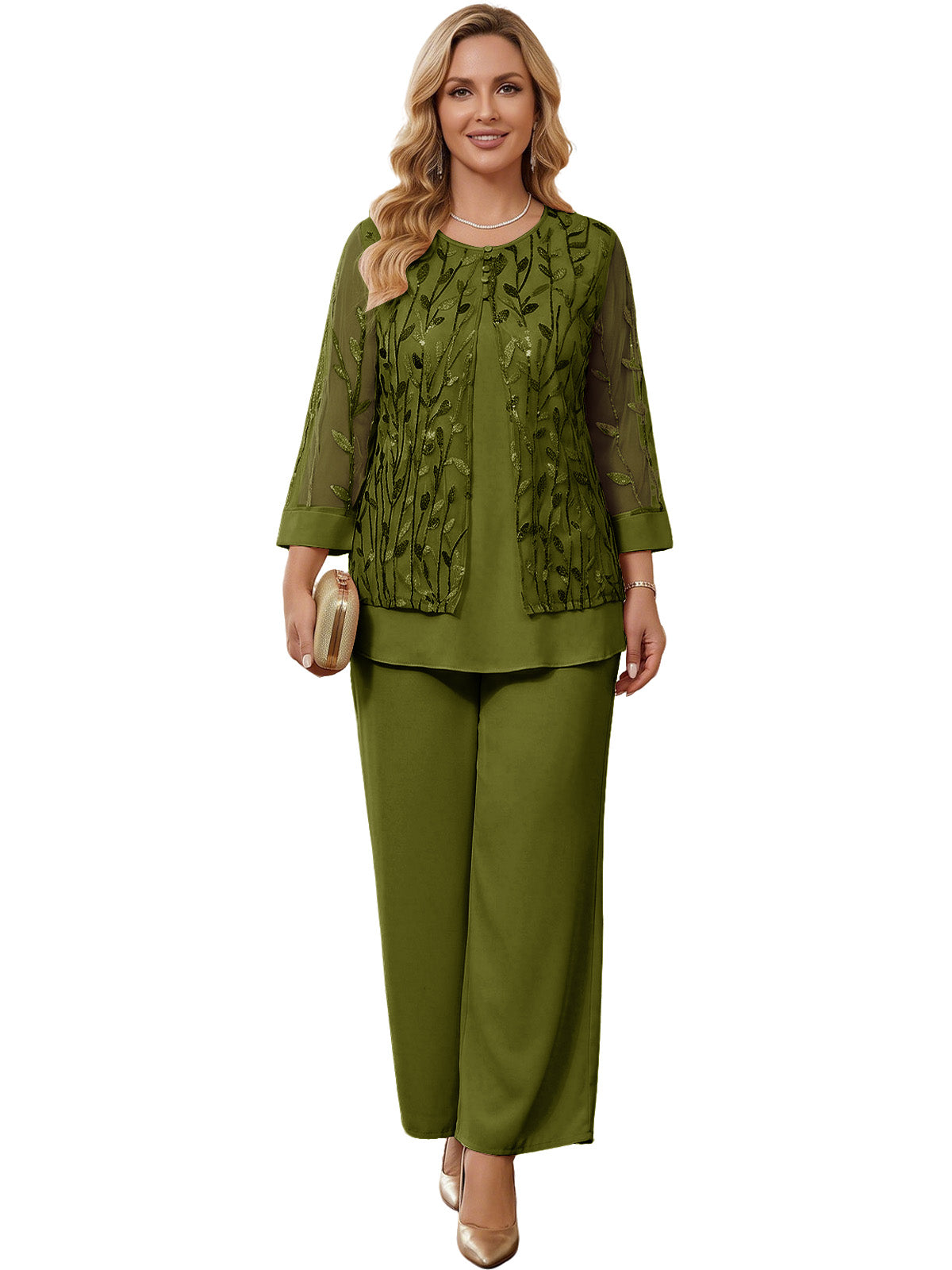 Embroidered Mesh Chiffon Wide-Leg Two-Piece Pantsuit Moms Sets