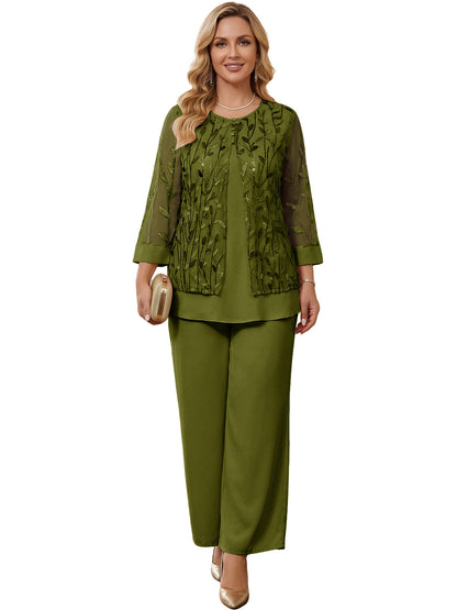 Embroidered Mesh Chiffon Wide-Leg Two-Piece Pantsuit Moms Sets