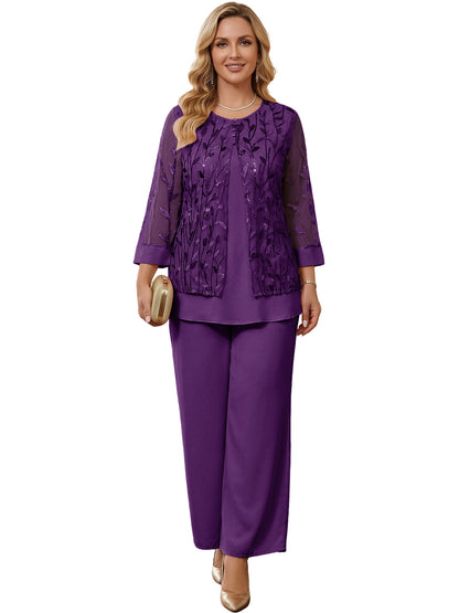Embroidered Mesh Chiffon Wide-Leg Two-Piece Pantsuit Moms Sets