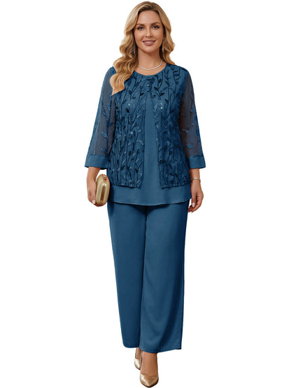 Embroidered Mesh Chiffon Wide-Leg Two-Piece Pantsuit Moms Sets