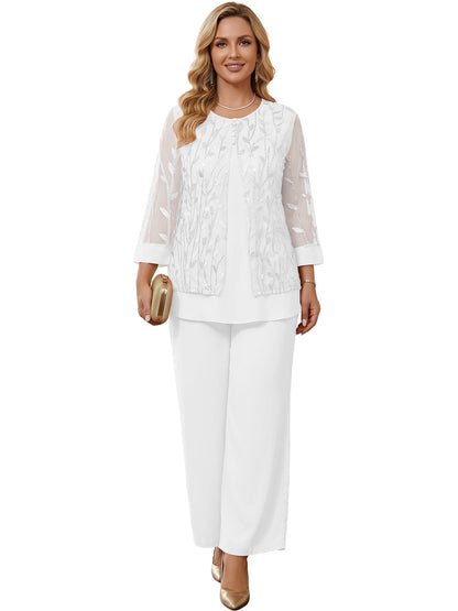 Embroidered Mesh Chiffon Wide-Leg Two-Piece Pantsuit Moms Sets