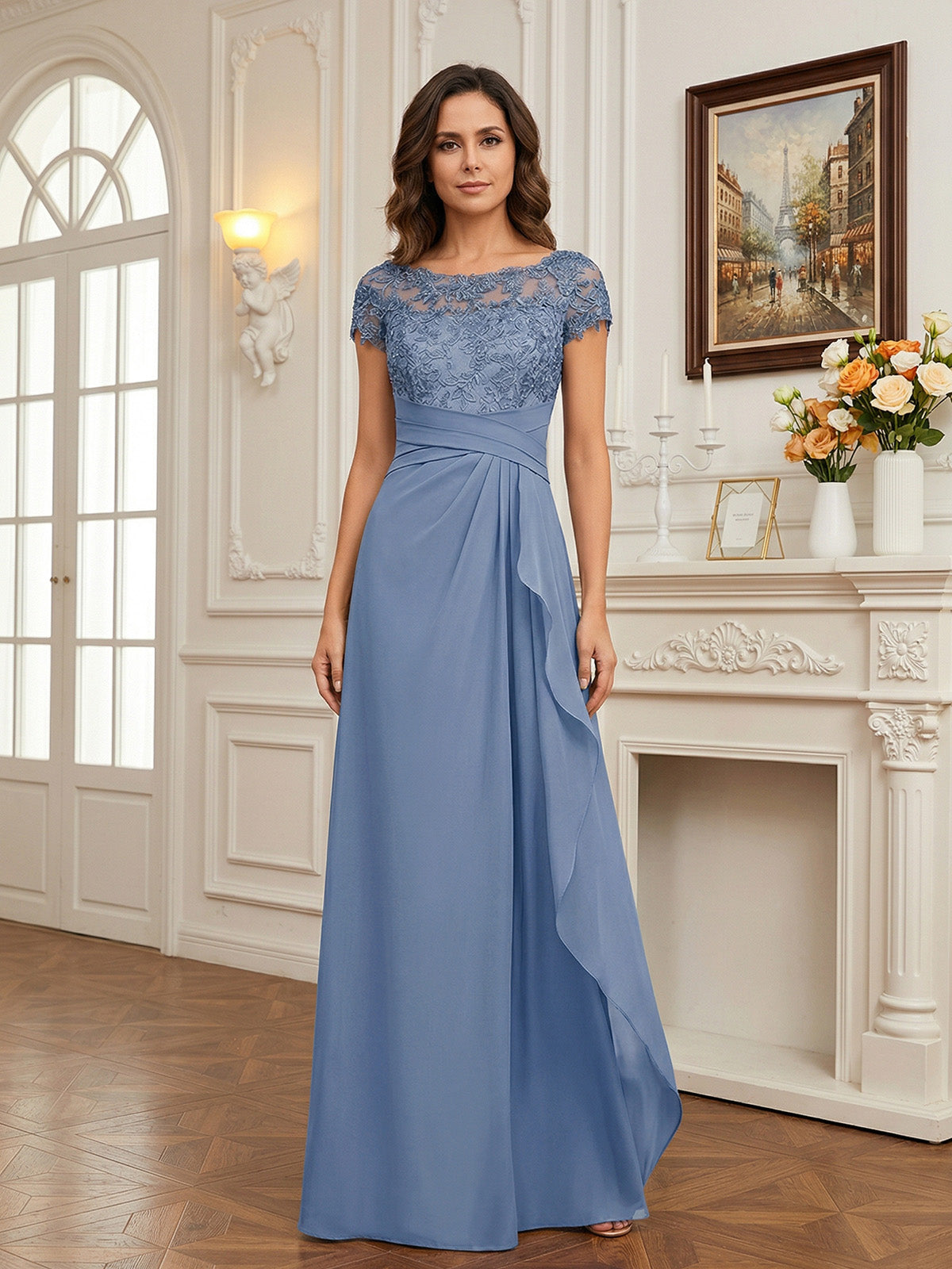 elegant cap sleeves evening dress