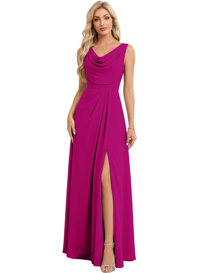Cowl Neck Chiffon A-Line Bridesmaid Dress with Lace-up Back and Slit
