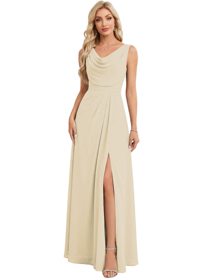 Cowl Neck Chiffon A-Line Bridesmaid Dress with Lace-up Back and Slit