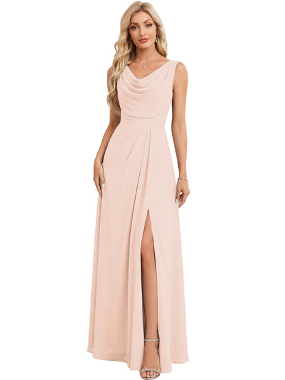 Cowl Neck Chiffon A-Line Bridesmaid Dress with Lace-up Back and Slit