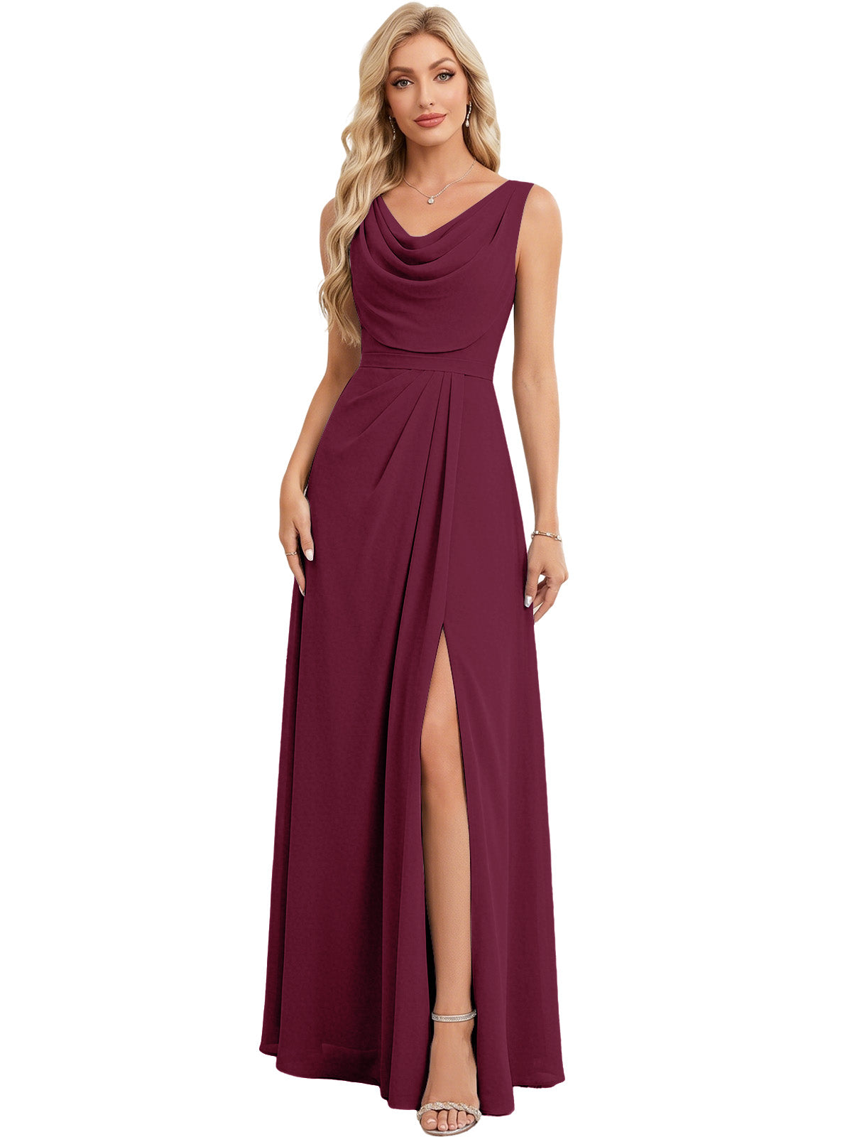 Cowl Neck Chiffon A-Line Bridesmaid Dress with Lace-up Back and Slit