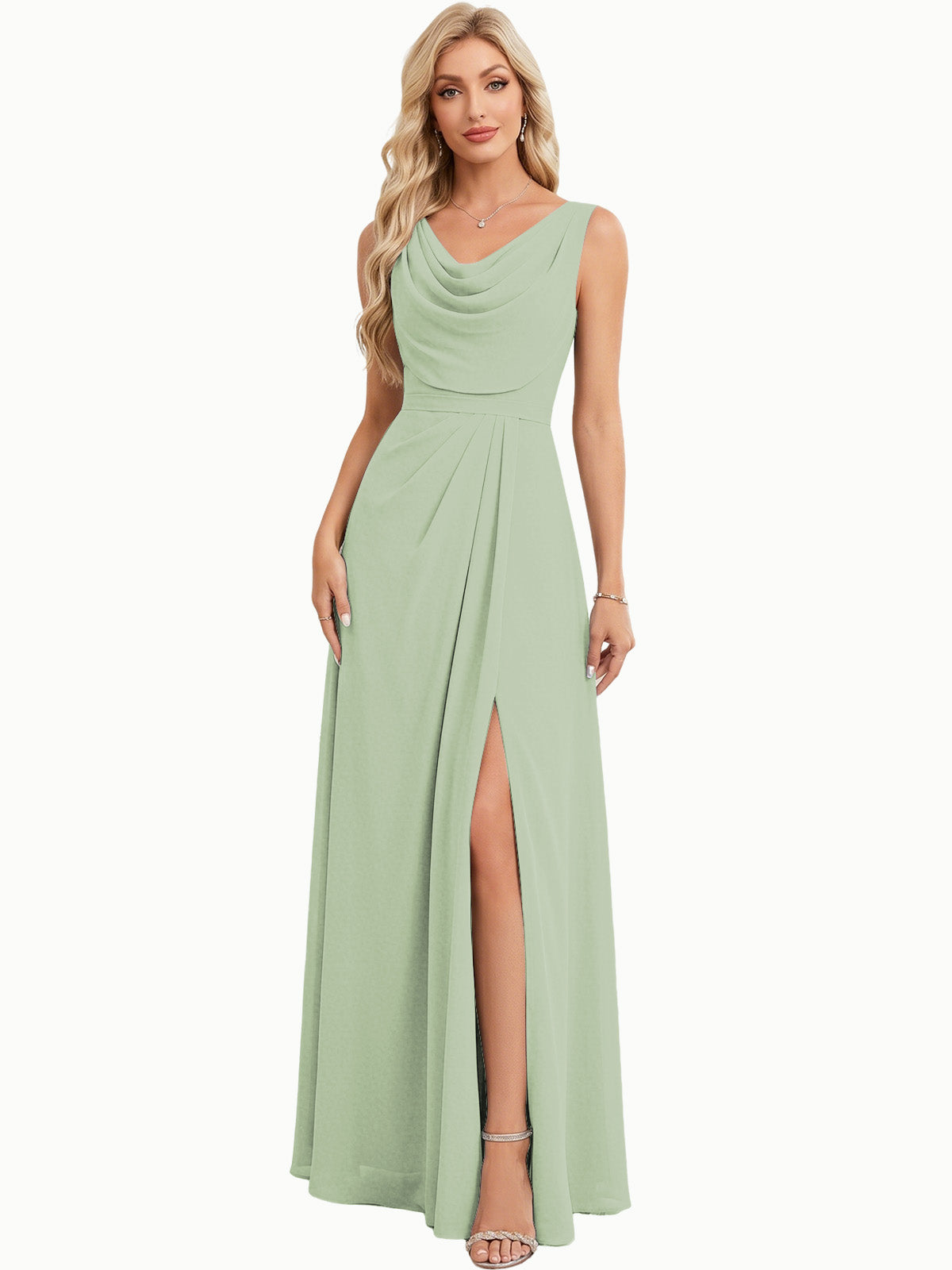 Cowl Neck Chiffon A-Line Bridesmaid Dress with Lace-up Back and Slit