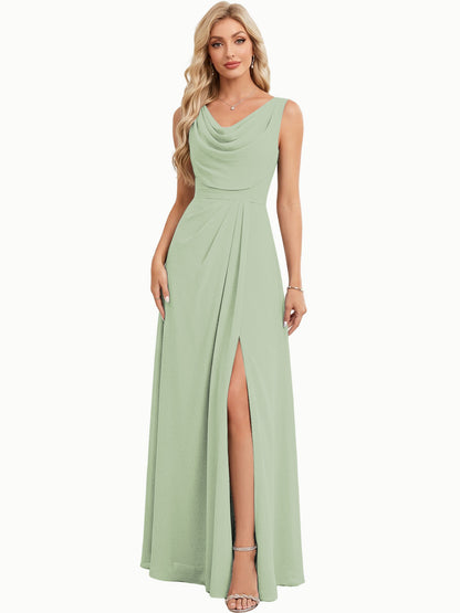 Cowl Neck Chiffon A-Line Bridesmaid Dress with Lace-up Back and Slit