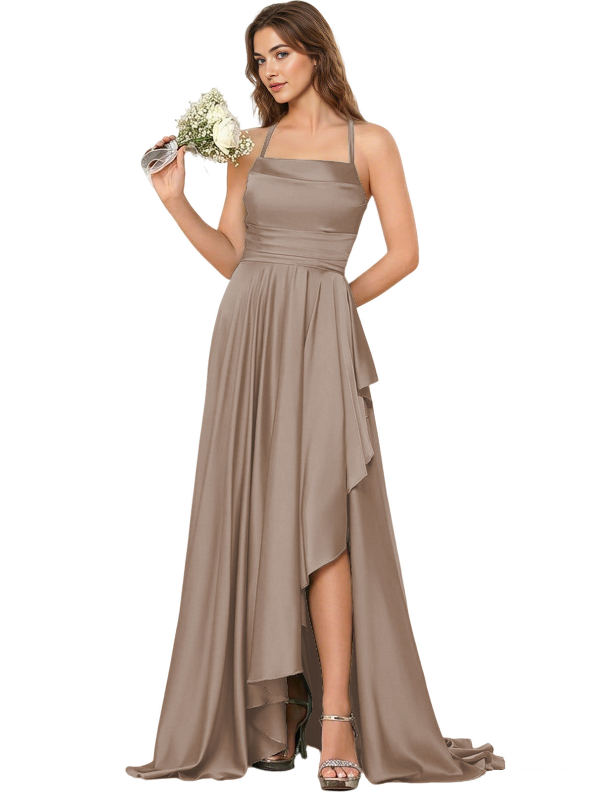 Open Back Halter Bridesmaid Dress with High Low Overlay dress