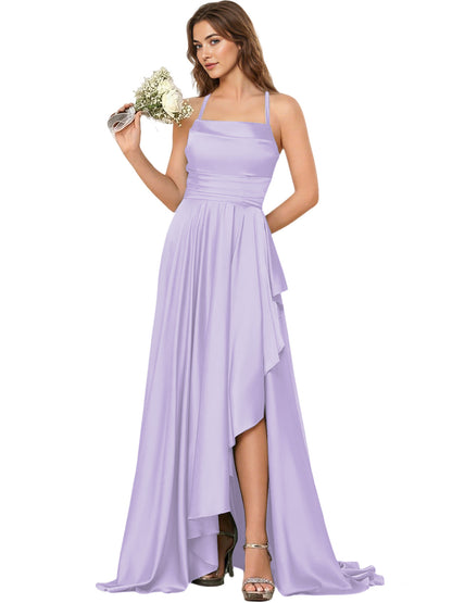 Open Back Halter Bridesmaid Dress with High Low Overlay dress