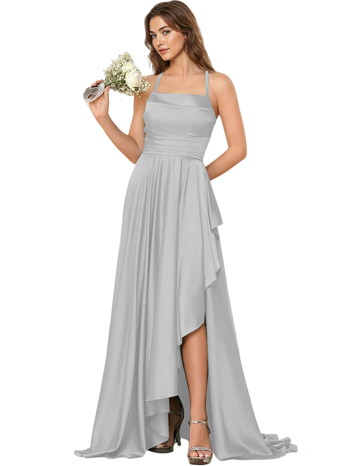 Open Back Halter Bridesmaid Dress with High Low Overlay dress