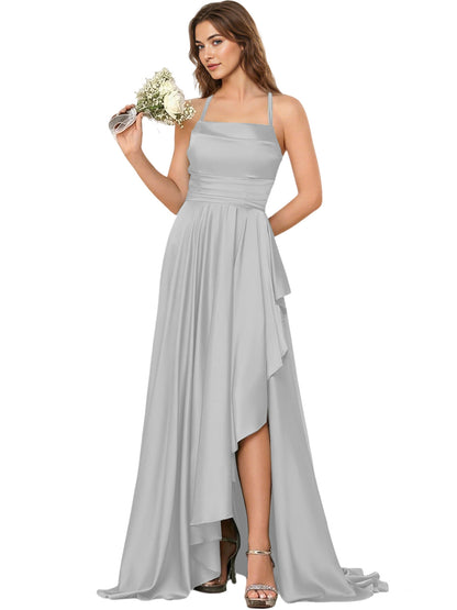 Open Back Halter Bridesmaid Dress with High Low Overlay dress