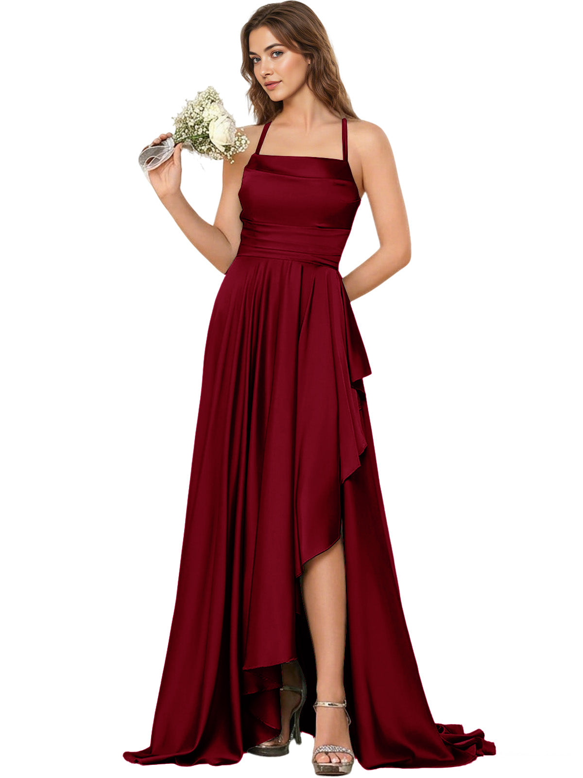 Open Back Halter Bridesmaid Dress with High Low Overlay dress