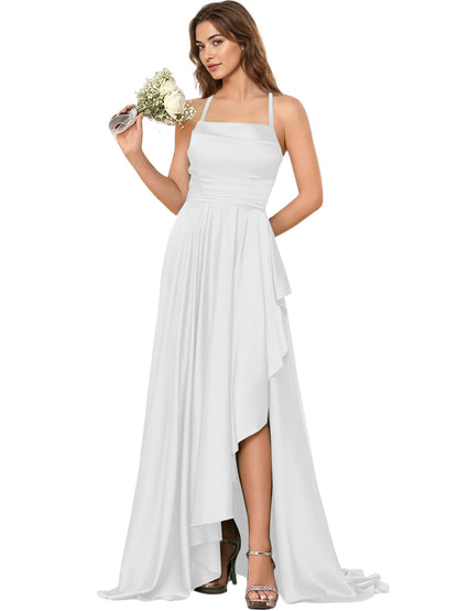 Open Back Halter Bridesmaid Dress with High Low Overlay dress