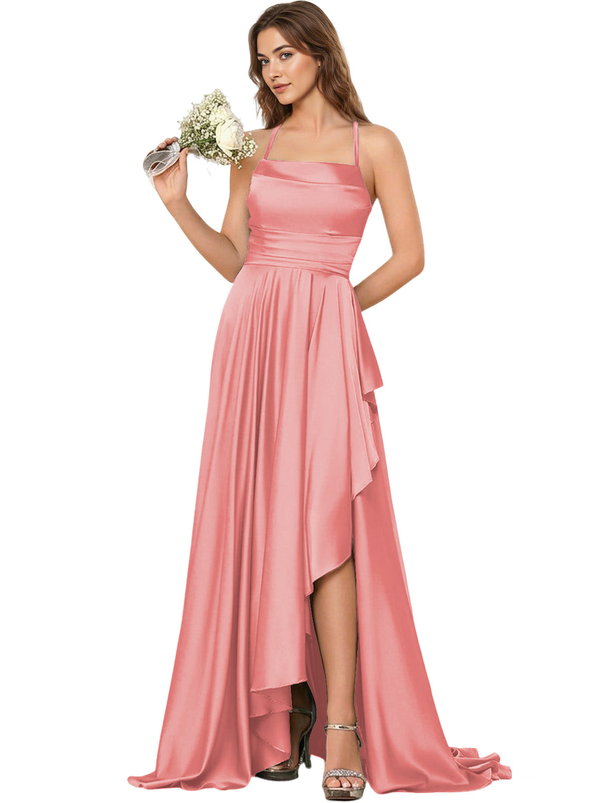 Open Back Halter Bridesmaid Dress with High Low Overlay dress
