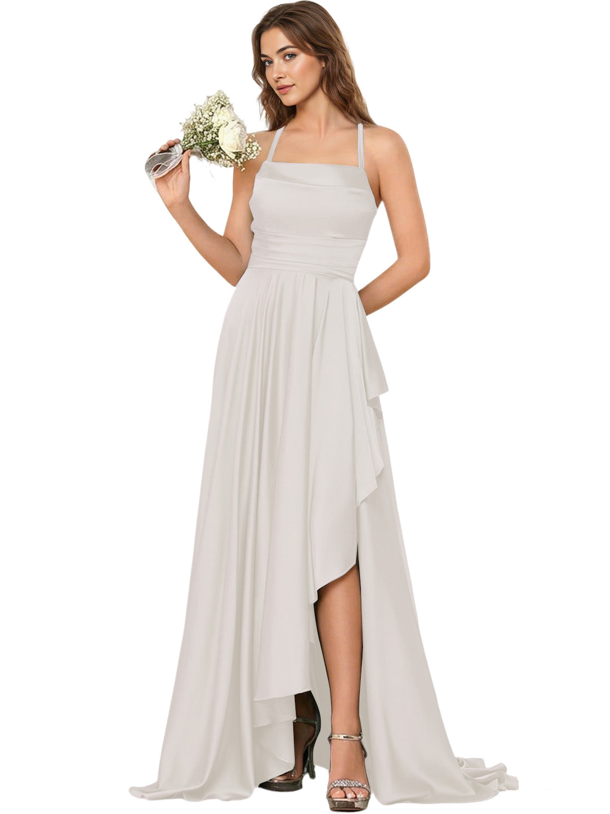 Open Back Halter Bridesmaid Dress with High Low Overlay dress