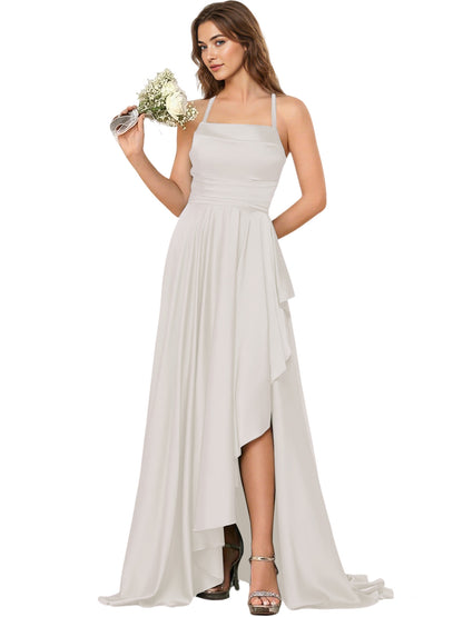 Open Back Halter Bridesmaid Dress with High Low Overlay dress