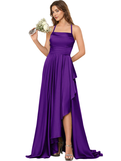 Open Back Halter Bridesmaid Dress with High Low Overlay dress