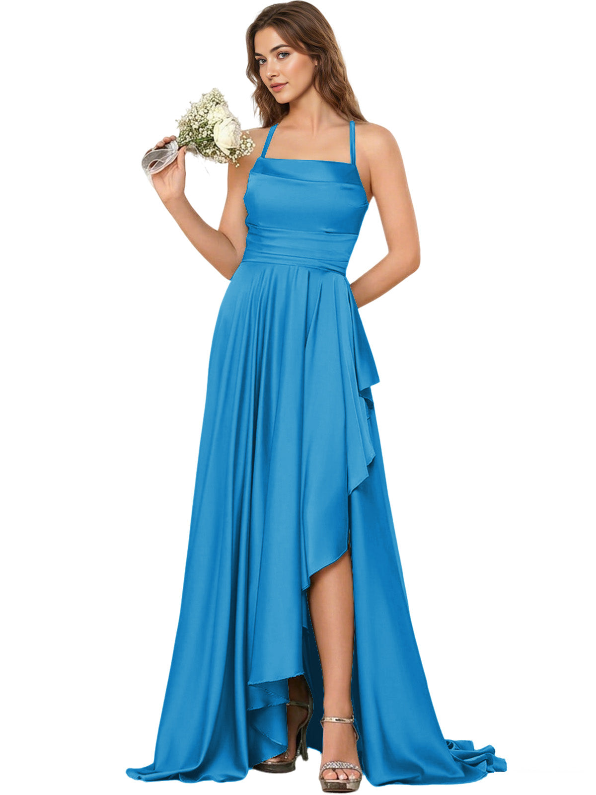 Open Back Halter Bridesmaid Dress with High Low Overlay dress