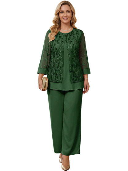 Embroidered Mesh Chiffon Wide-Leg Two-Piece Pantsuit Moms Sets