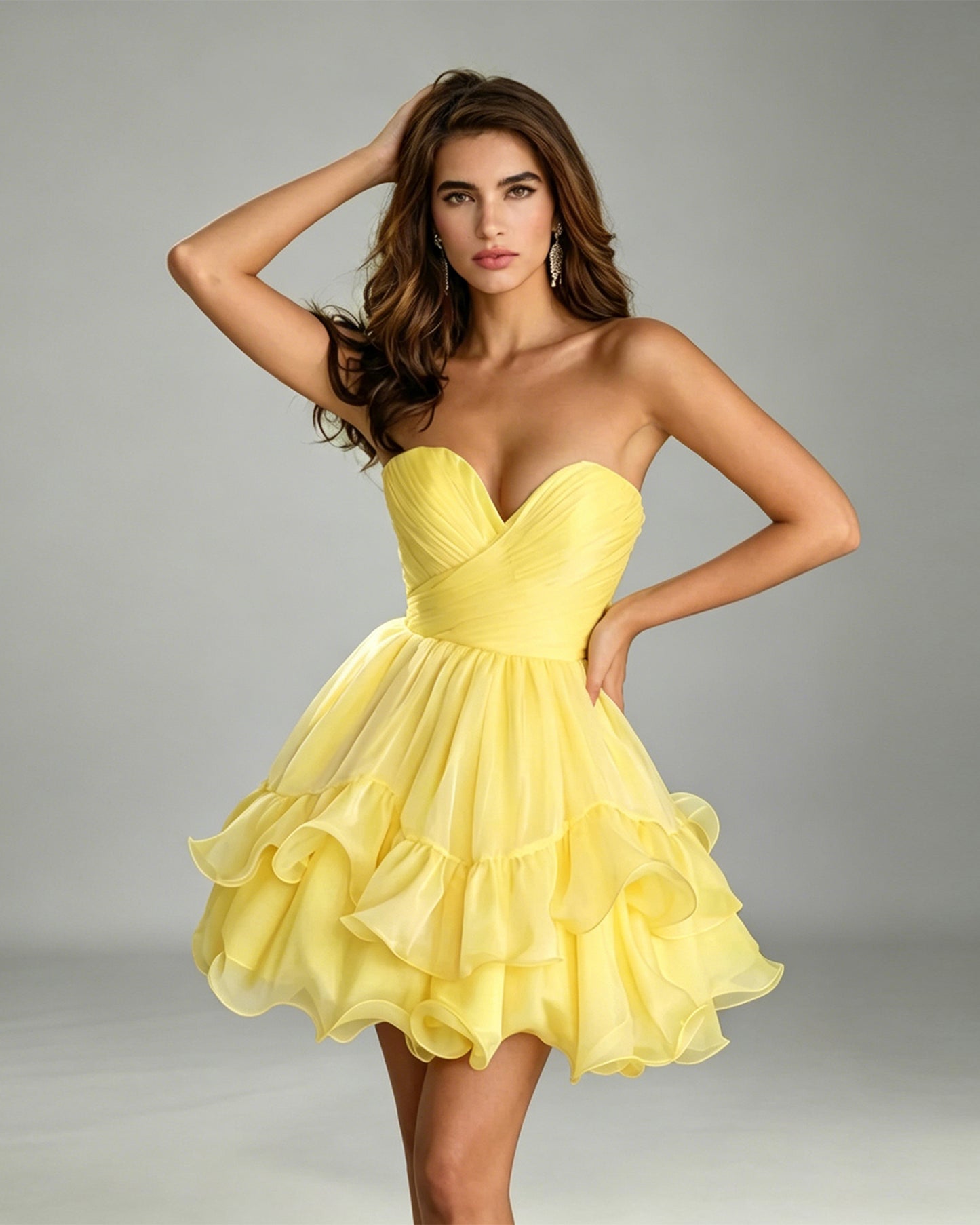 strapless sweetheart chiffon homecoming dress with pleated bodice and layered ruffle skirt.