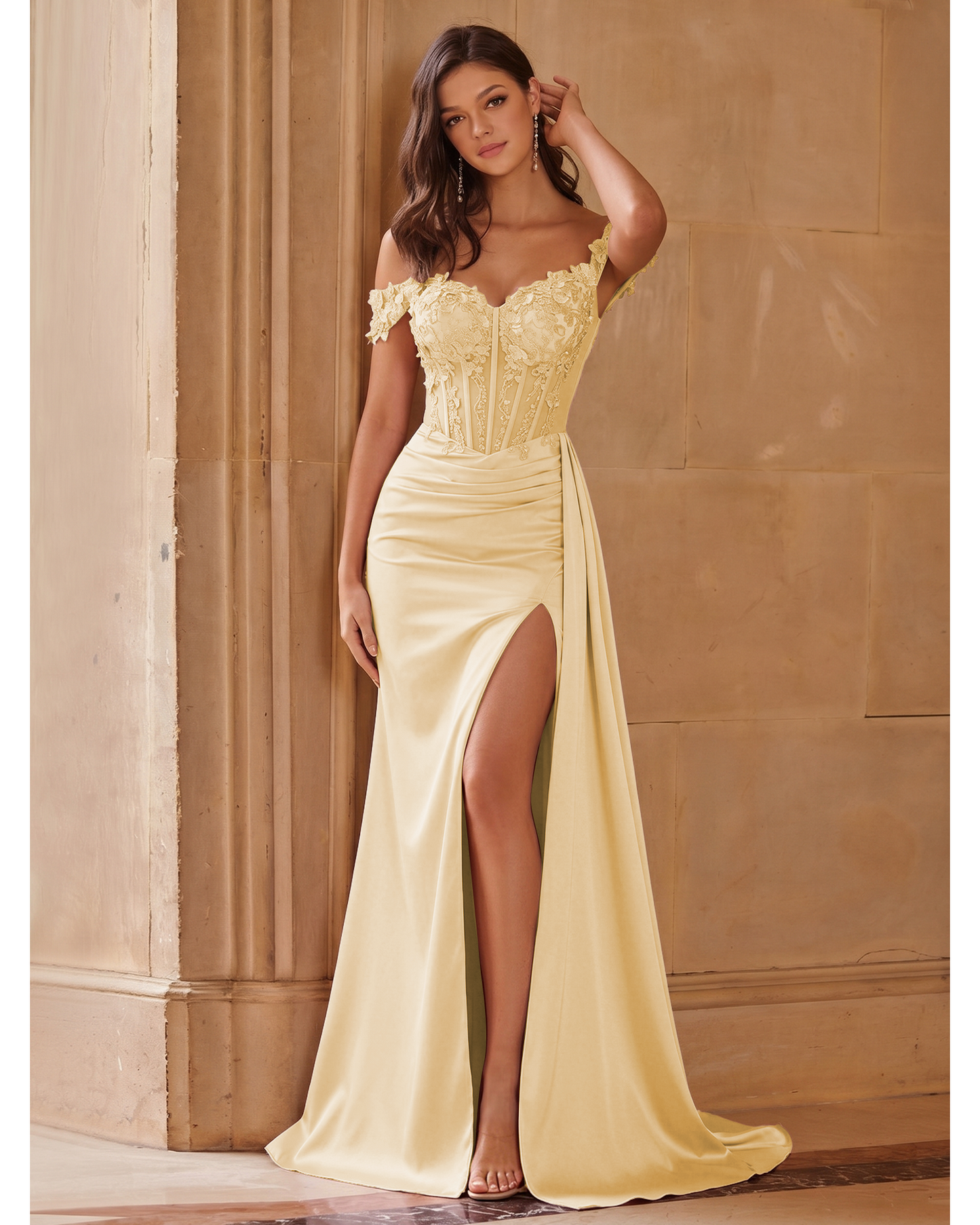 Off The Shoulder Lace Satin Prom Dress with High Slit and Lace-Up Back