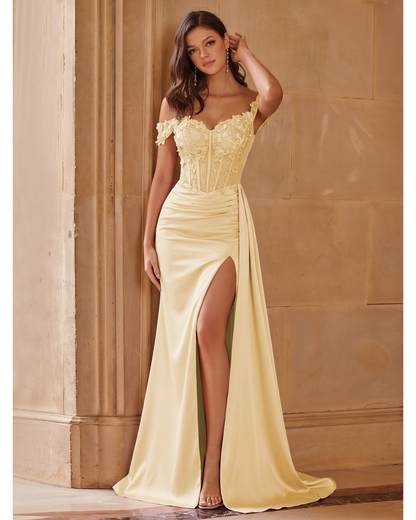 Off The Shoulder Lace Satin Prom Dress with High Slit and Lace-Up Back