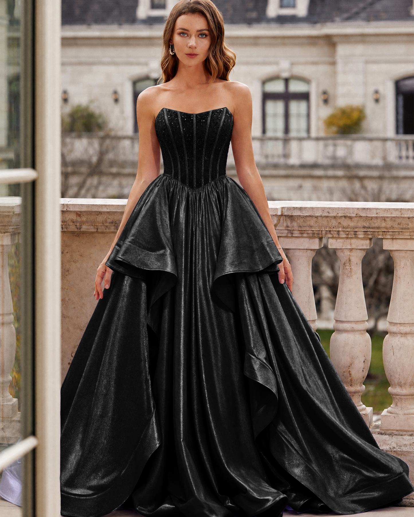 Strapless Beaded Corset Layered Prom Dress with Lace-Up Back