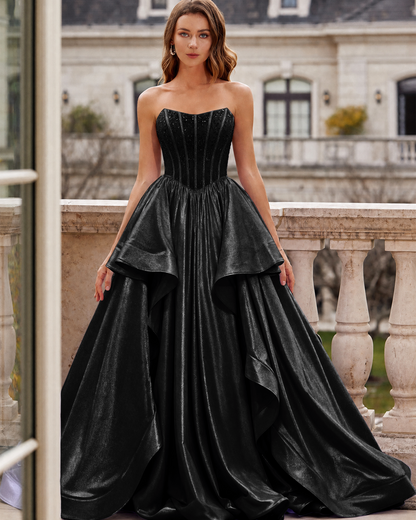 Strapless Beaded Corset Layered Prom Dress with Lace-Up Back