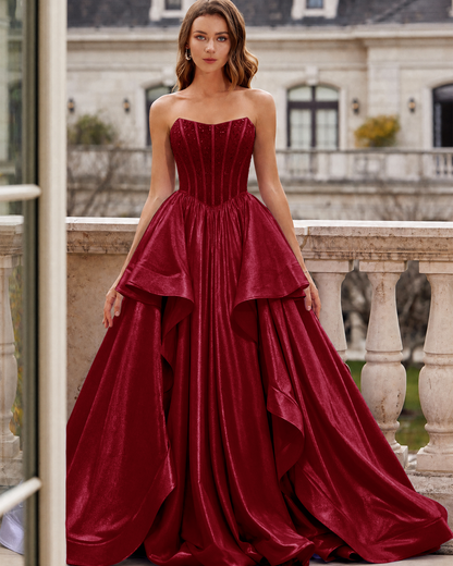 Strapless Beaded Corset Layered Prom Dress with Lace-Up Back
