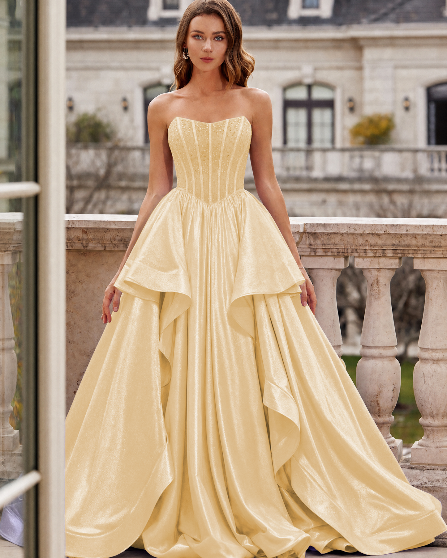 Strapless Beaded Corset Layered Prom Dress with Lace-Up Back