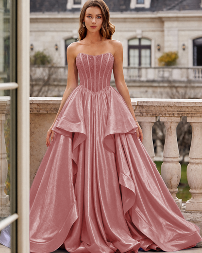 Strapless Beaded Corset Layered Prom Dress with Lace-Up Back