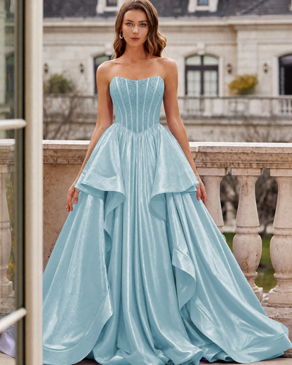 Strapless Beaded Corset Layered Prom Dress with Lace-Up Back