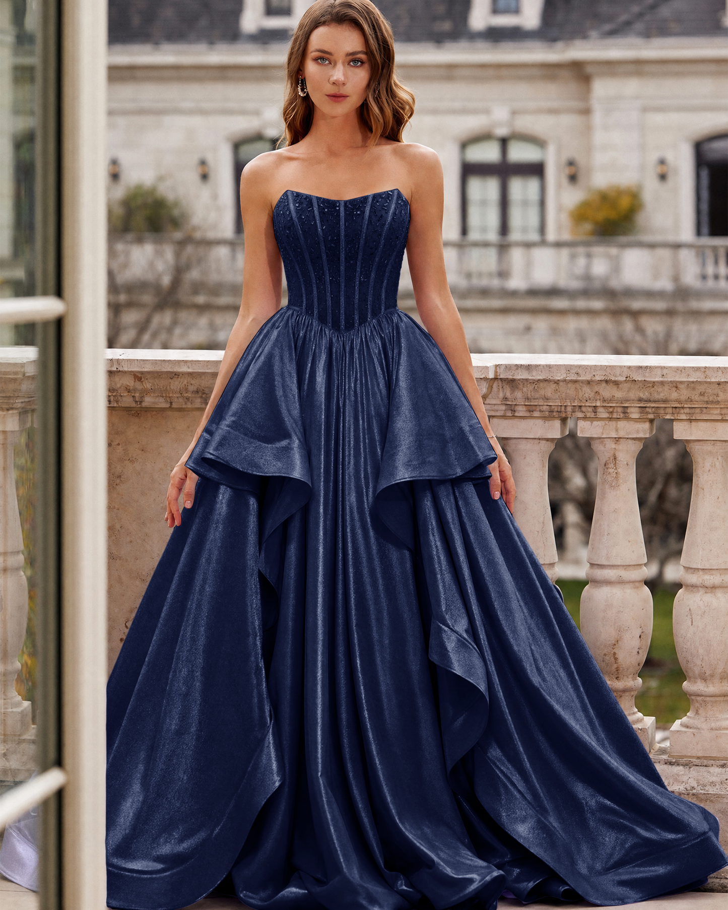 Strapless Beaded Corset Layered Prom Dress with Lace-Up Back