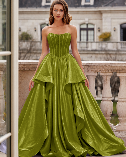 Strapless Beaded Corset Layered Prom Dress with Lace-Up Back