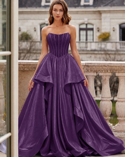 Strapless Beaded Corset Layered Prom Dress with Lace-Up Back