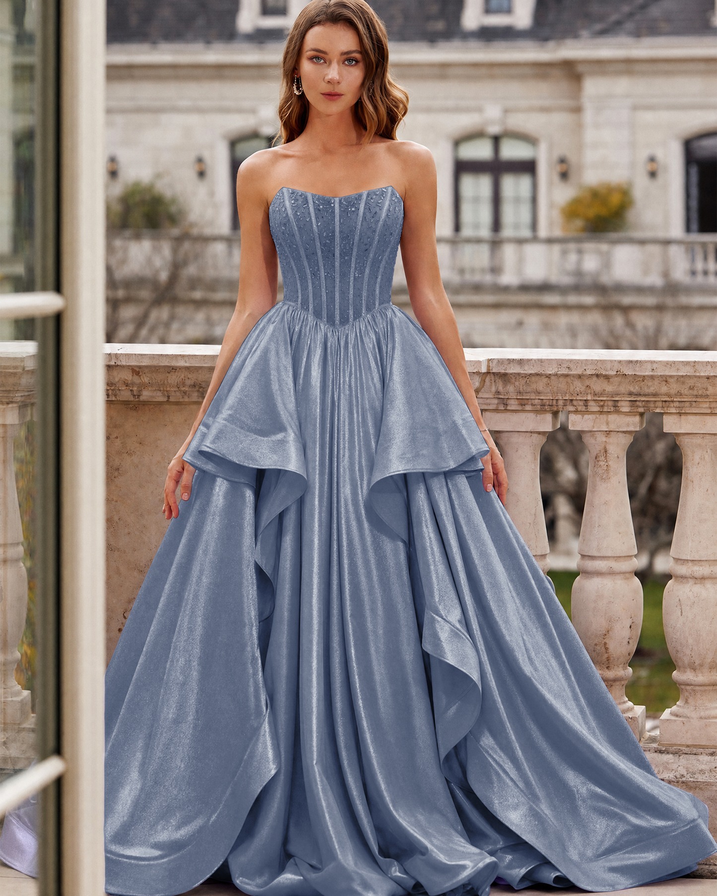 Strapless Beaded Corset Layered Prom Dress with Lace-Up Back