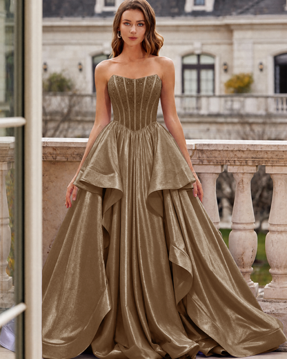 Strapless Beaded Corset Layered Prom Dress with Lace-Up Back
