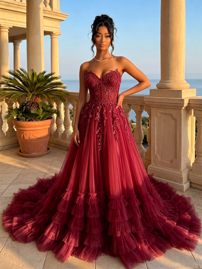 Strapless Sweetheart Lace Corset A-Line Tulle Prom Dress with Ruffles