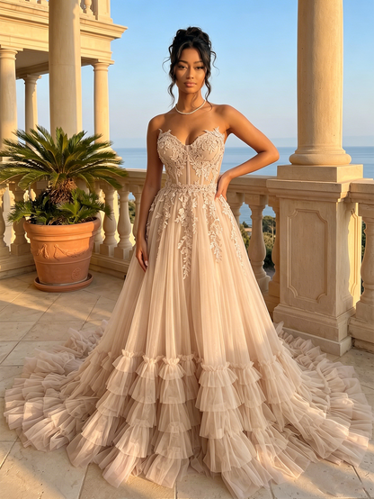 Strapless Sweetheart Lace Corset A-Line Tulle Prom Dress with Ruffles