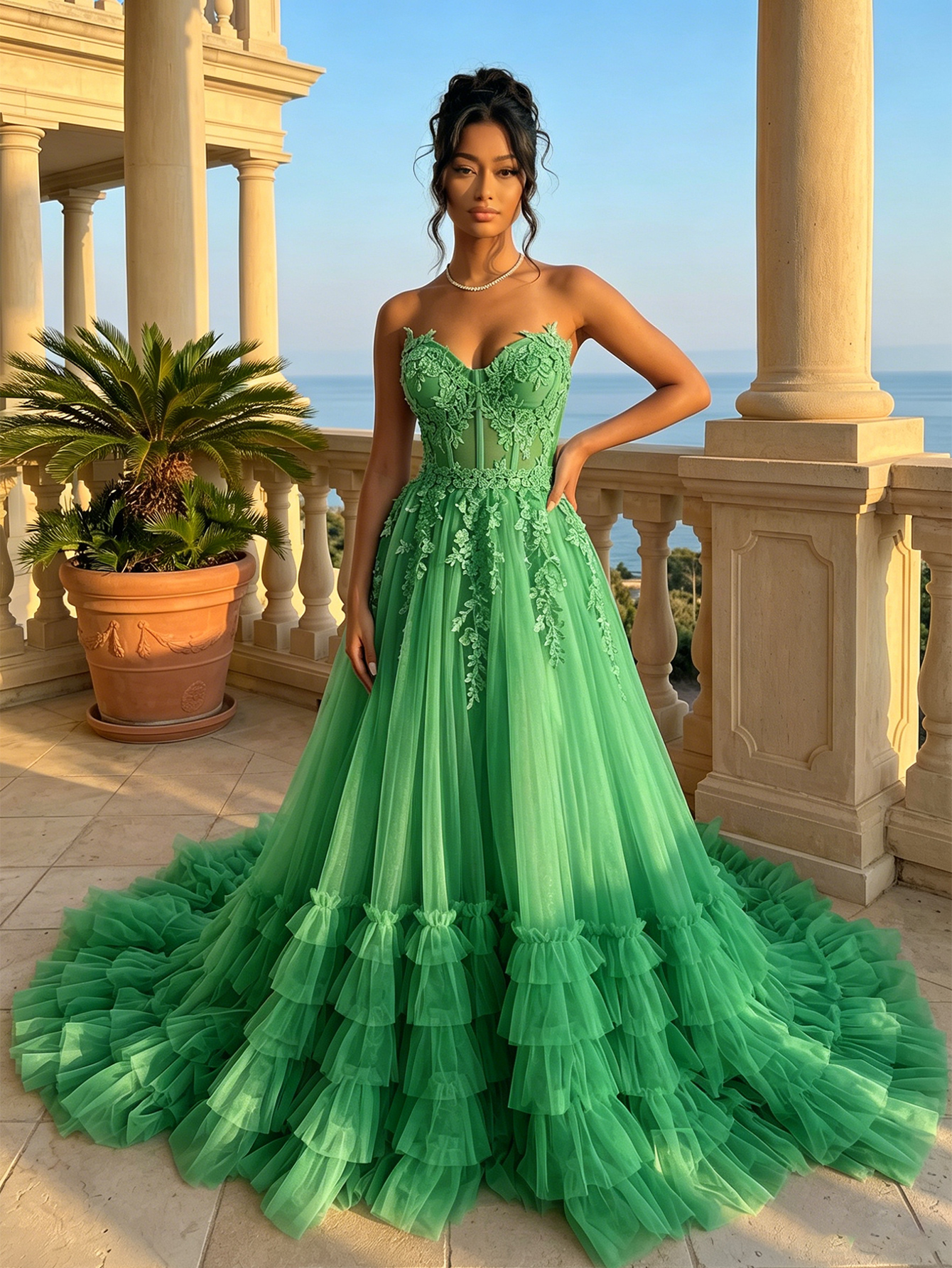 Strapless Sweetheart Lace Corset A-Line Tulle Prom Dress with Ruffles