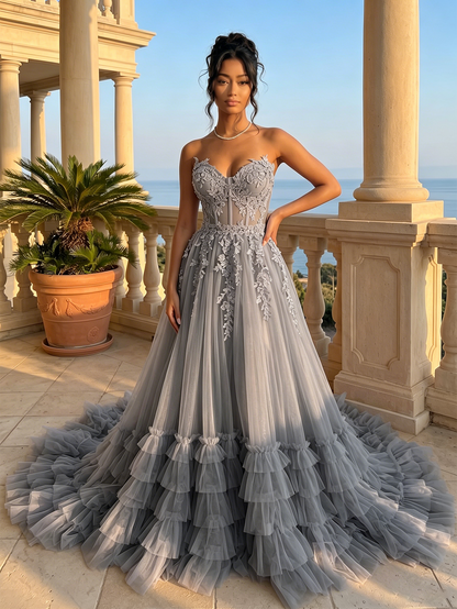 Strapless Sweetheart Lace Corset A-Line Tulle Prom Dress with Ruffles