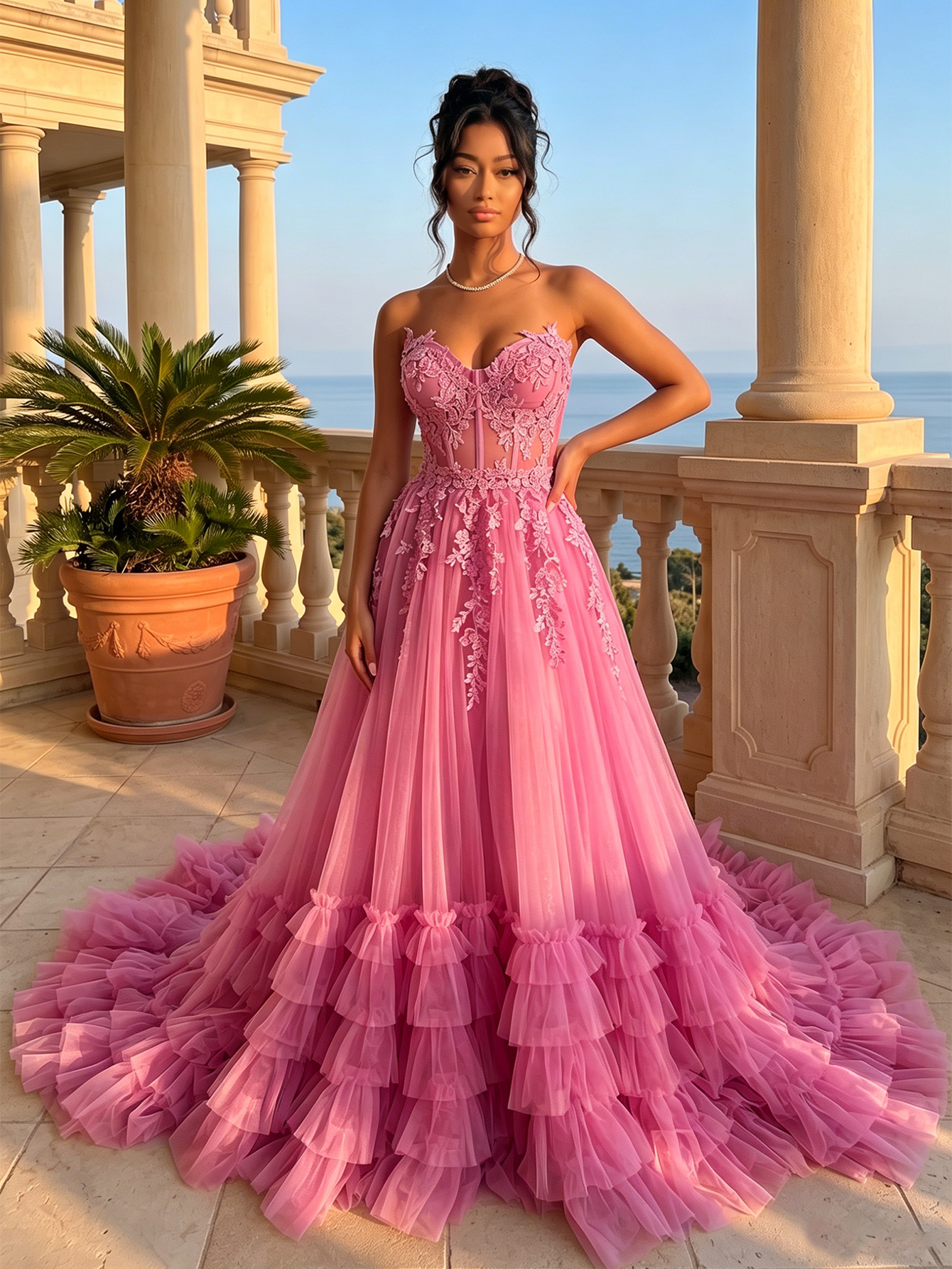 Strapless Sweetheart Lace Corset A-Line Tulle Prom Dress with Ruffles