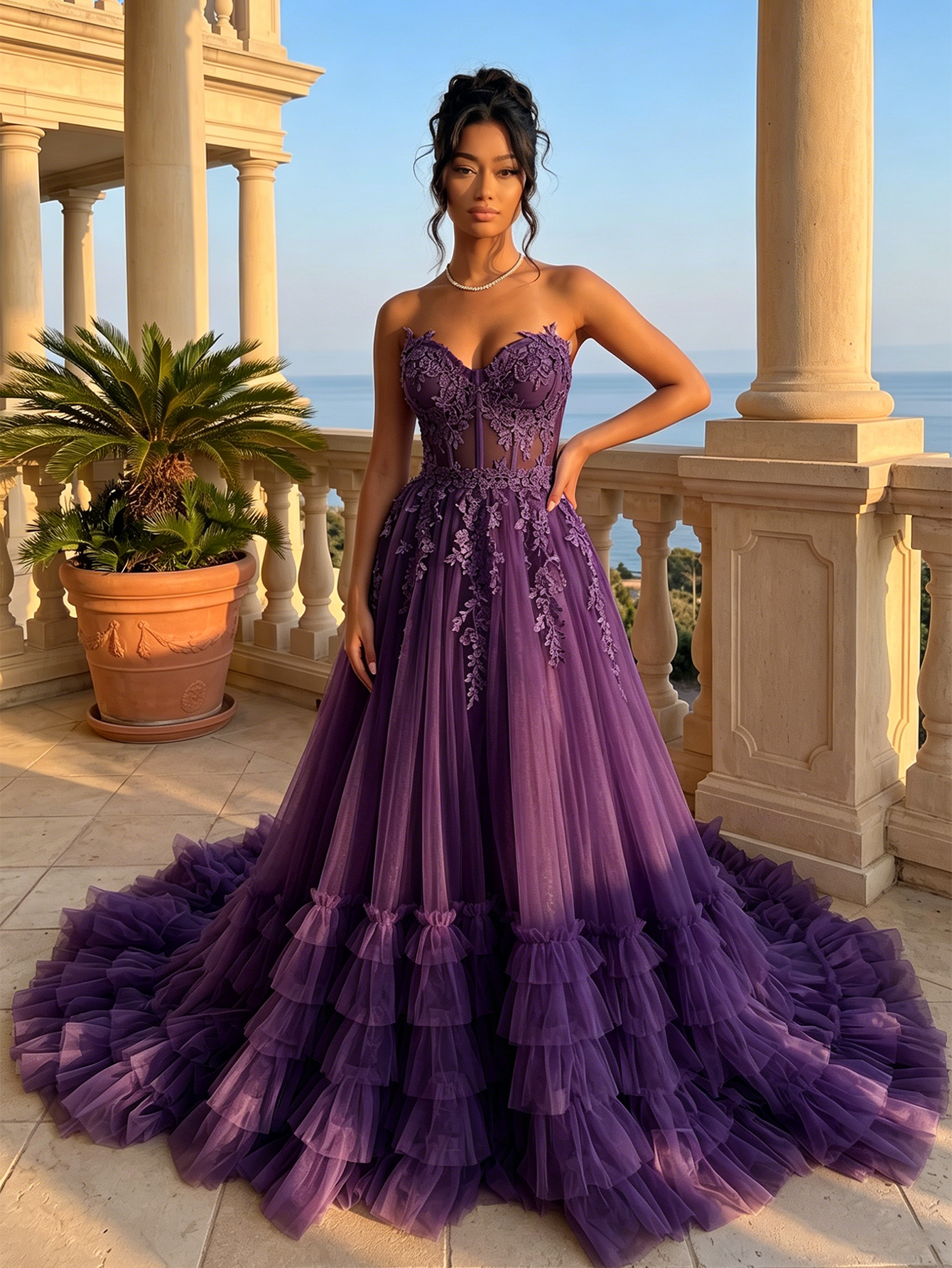 Strapless Sweetheart Lace Corset A-Line Tulle Prom Dress with Ruffles